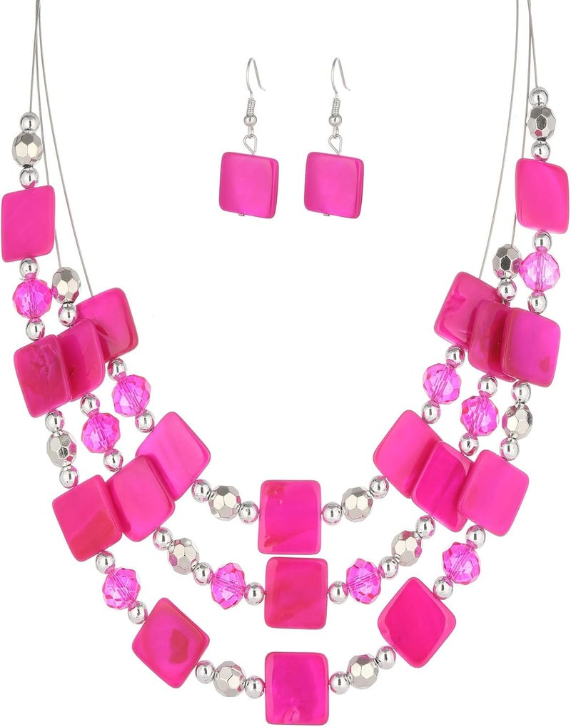 Errally Store Layered Beaded Statement Necklaces for Women Square Shell Bead Collar Necklace and Earring Set Birthday Gifts Boho Jewelry Sets for Women - Image 1
